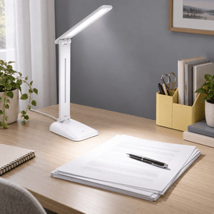 Sophia Rechargeable LED Table Lamp lifestyle scene: Study nook with grey wall and focused desk documents