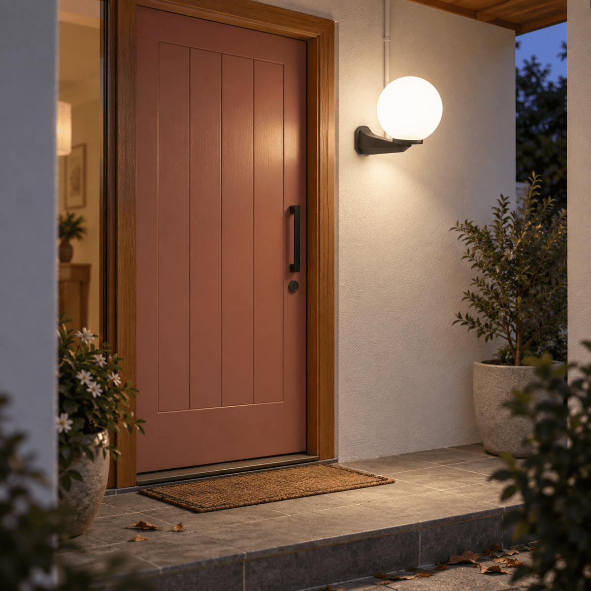 Olivia Outdoor Wall Light lifestyle scene: Covered front porch beside a door
