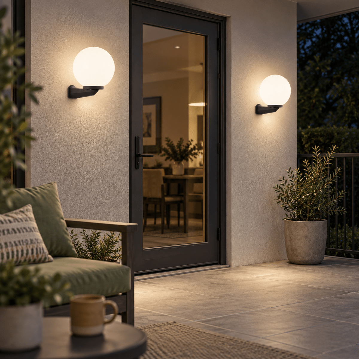 Olivia Outdoor Wall Light lifestyle scene: Pair along a covered patio seating wall