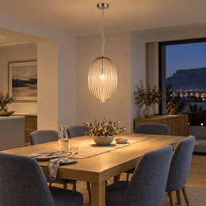 Marilyn Large Pendant Light lifestyle scene: Dining table feature pendant in a muted modern home