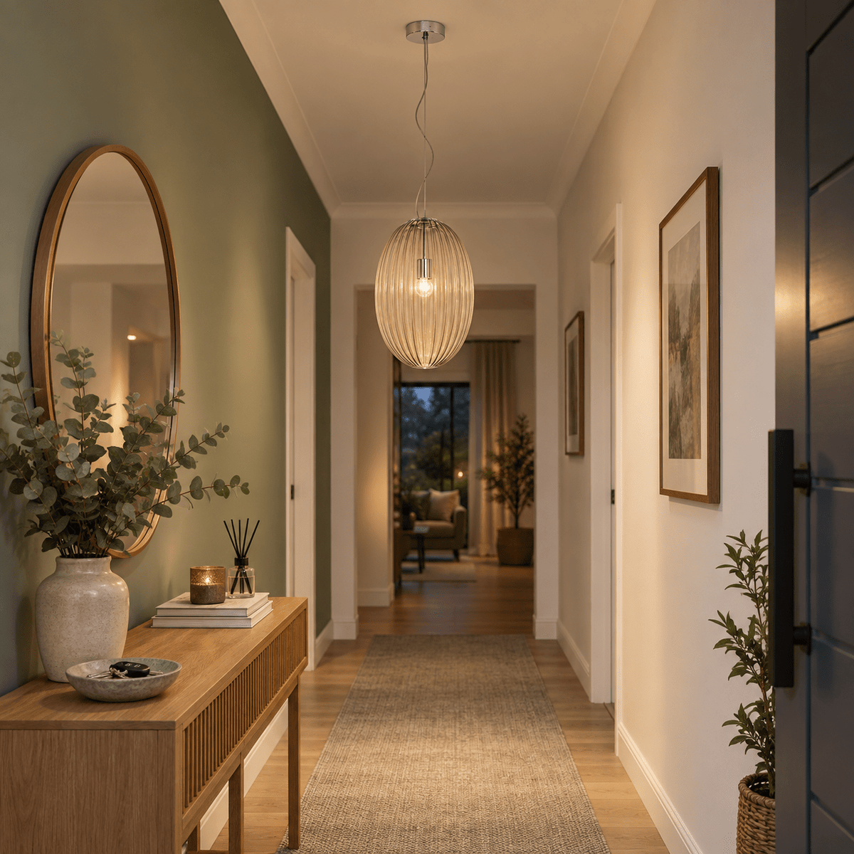Marilyn Large Pendant Light lifestyle scene: Entrance hall welcoming glow by a doorway corridor