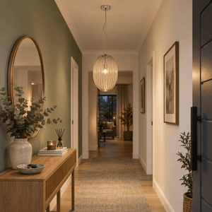Marilyn Large Pendant Light lifestyle scene: Entrance hall welcoming glow by a doorway corridor