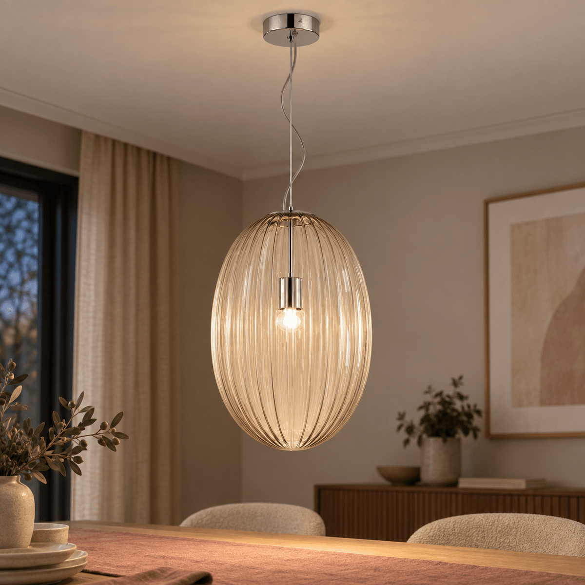 Marilyn Large Pendant Light lifestyle scene: Close-up ceiling-to-glass detail above dining table
