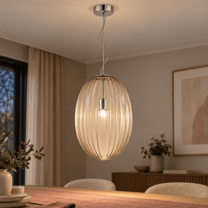 Marilyn Large Pendant Light lifestyle scene: Close-up ceiling-to-glass detail above dining table