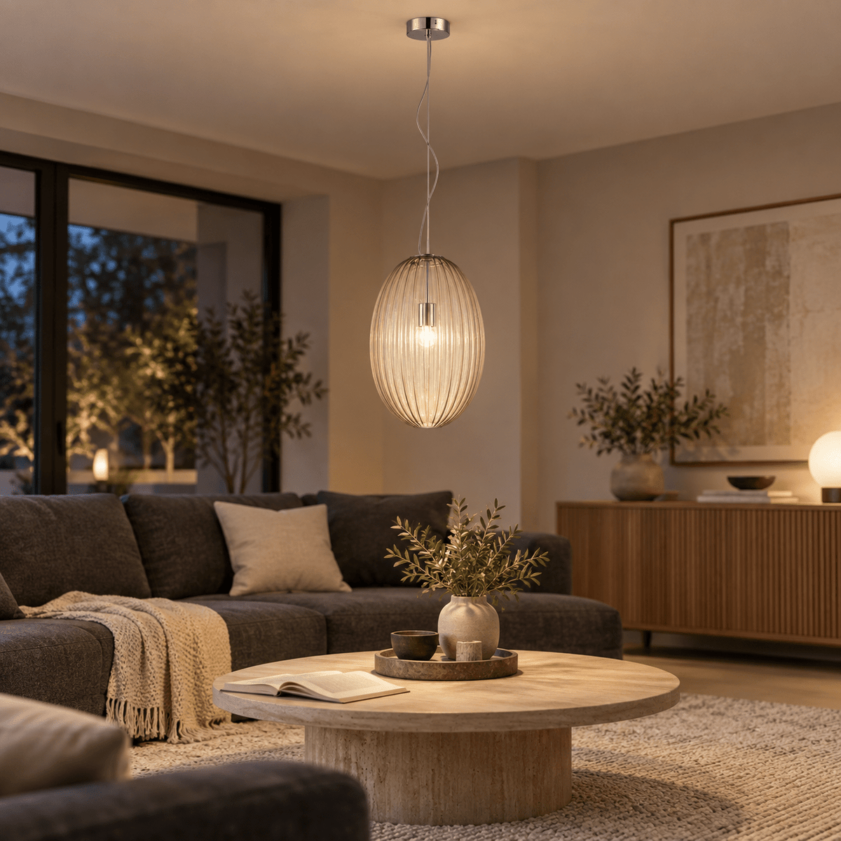 Marilyn Large Pendant Light lifestyle scene: Living room open-plan seating with pendant over a conversation zone