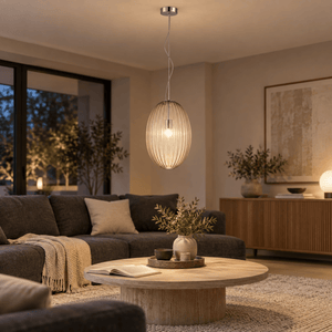 Marilyn Large Pendant Light lifestyle scene: Living room open-plan seating with pendant over a conversation zone