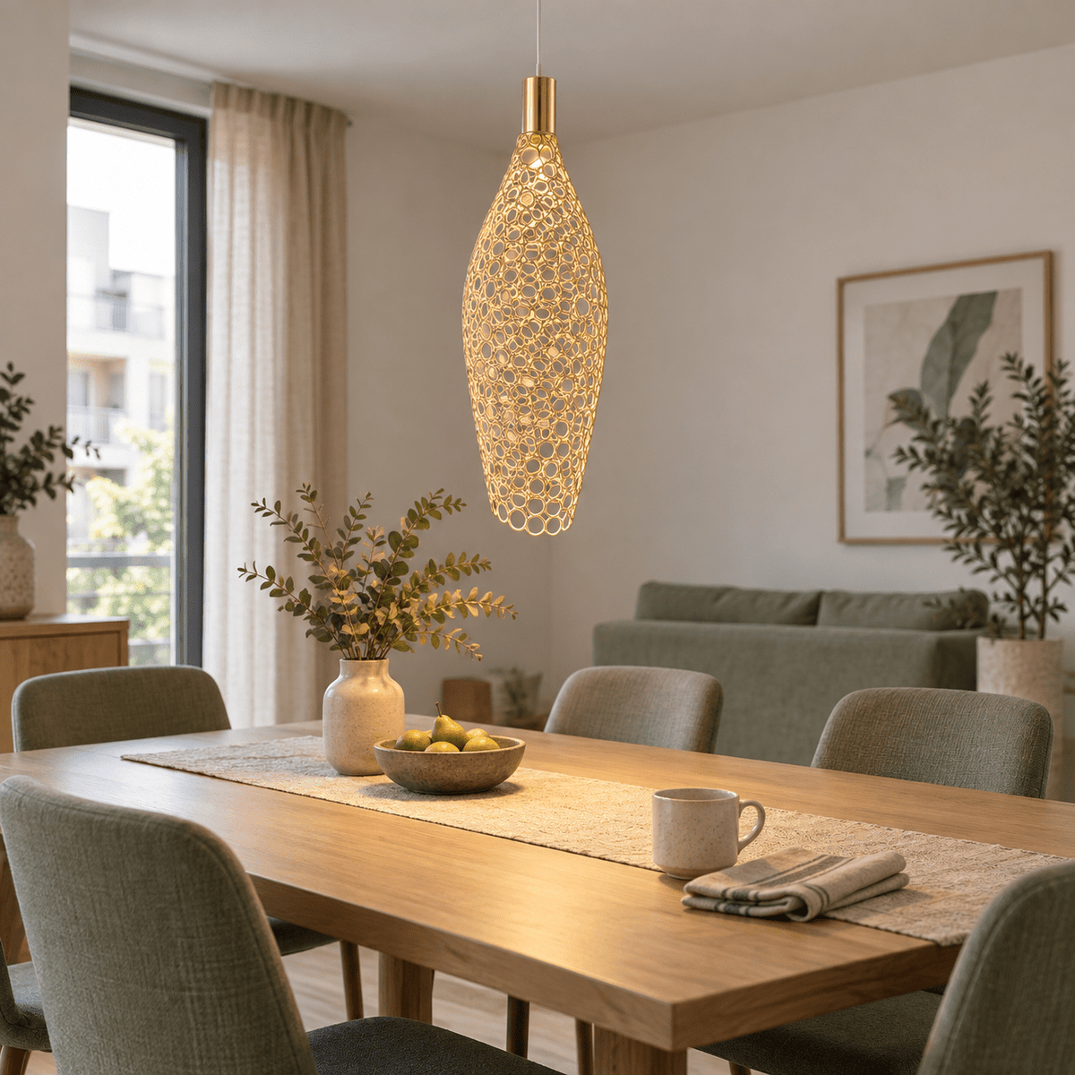 Sophia LED Metal Ring Pendant Light lifestyle scene: Dining table centrepiece in a softly lit home