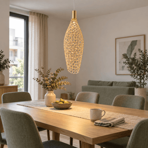 Sophia LED Metal Ring Pendant Light lifestyle scene: Dining table centrepiece in a softly lit home
