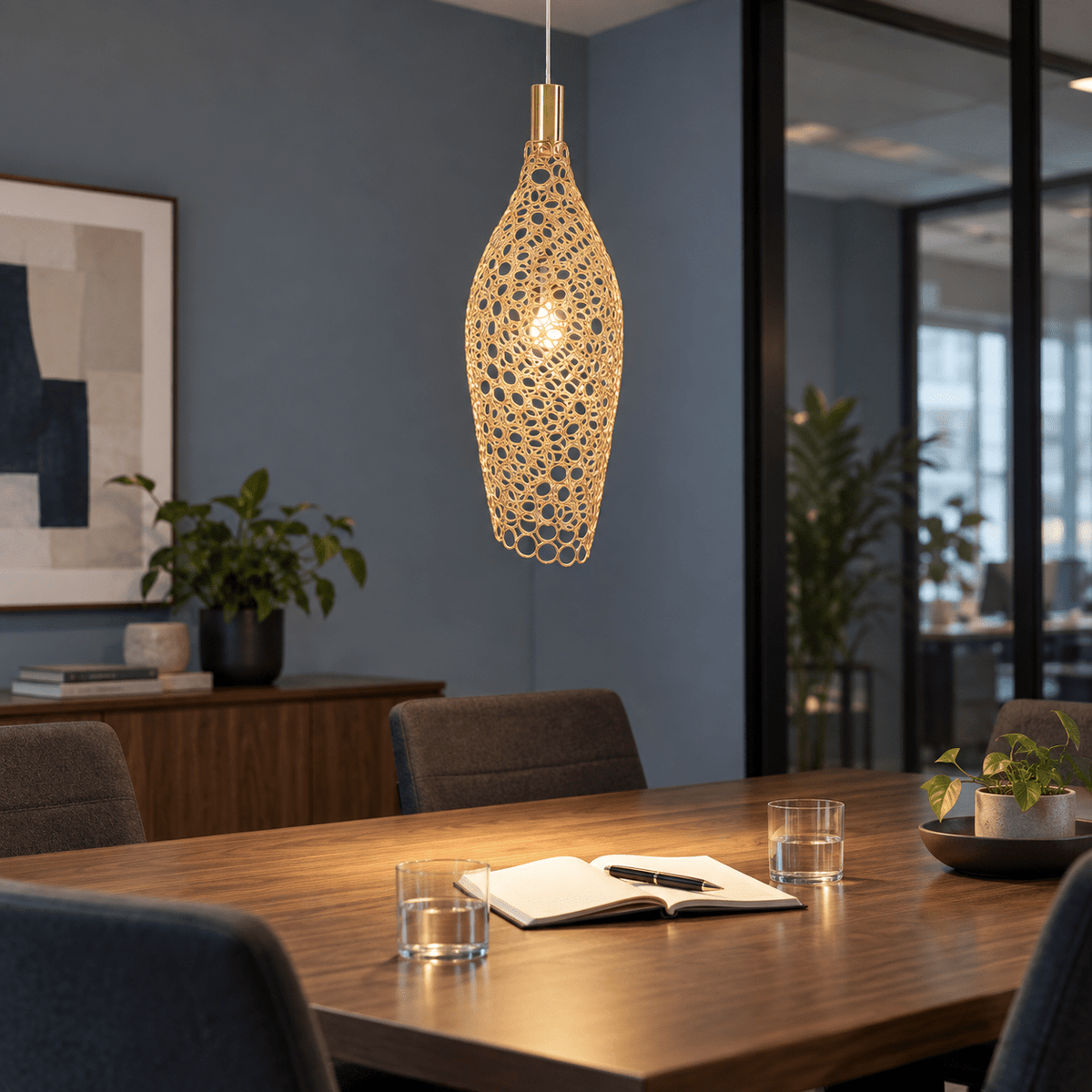 Sophia LED Metal Ring Pendant Light lifestyle scene: Office meeting area above a glass-topped table