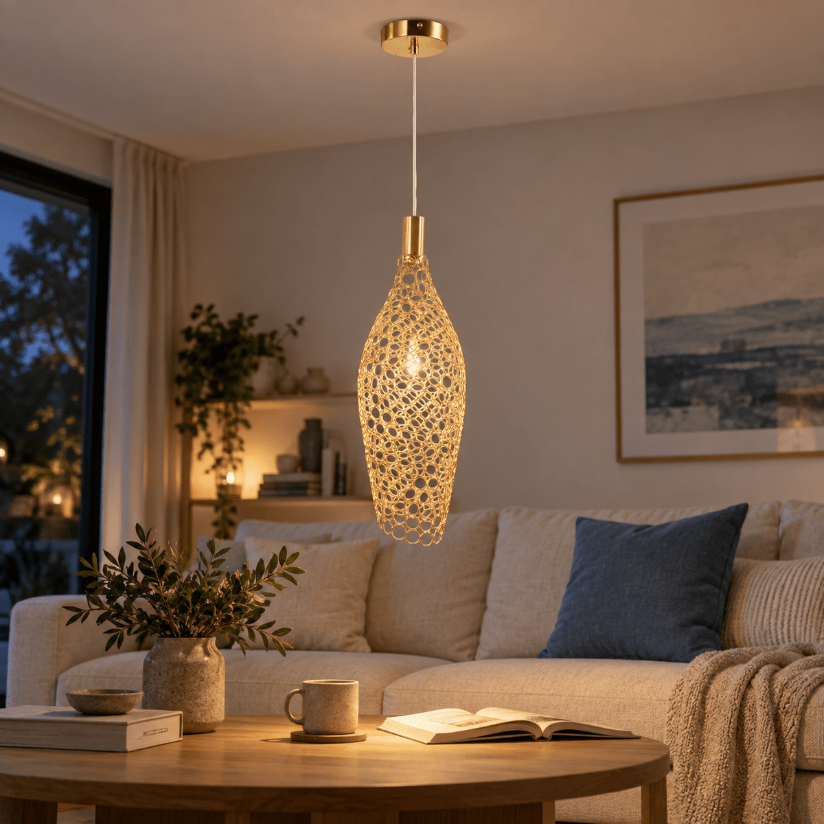 Sophia LED Metal Ring Pendant Light lifestyle scene: Close-up detail of ring construction over calm interior seating