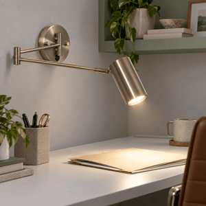 Amelia Indoor Wall Light lifestyle scene: Close-up ceiling height context: Amelia beside a floating shelf in office