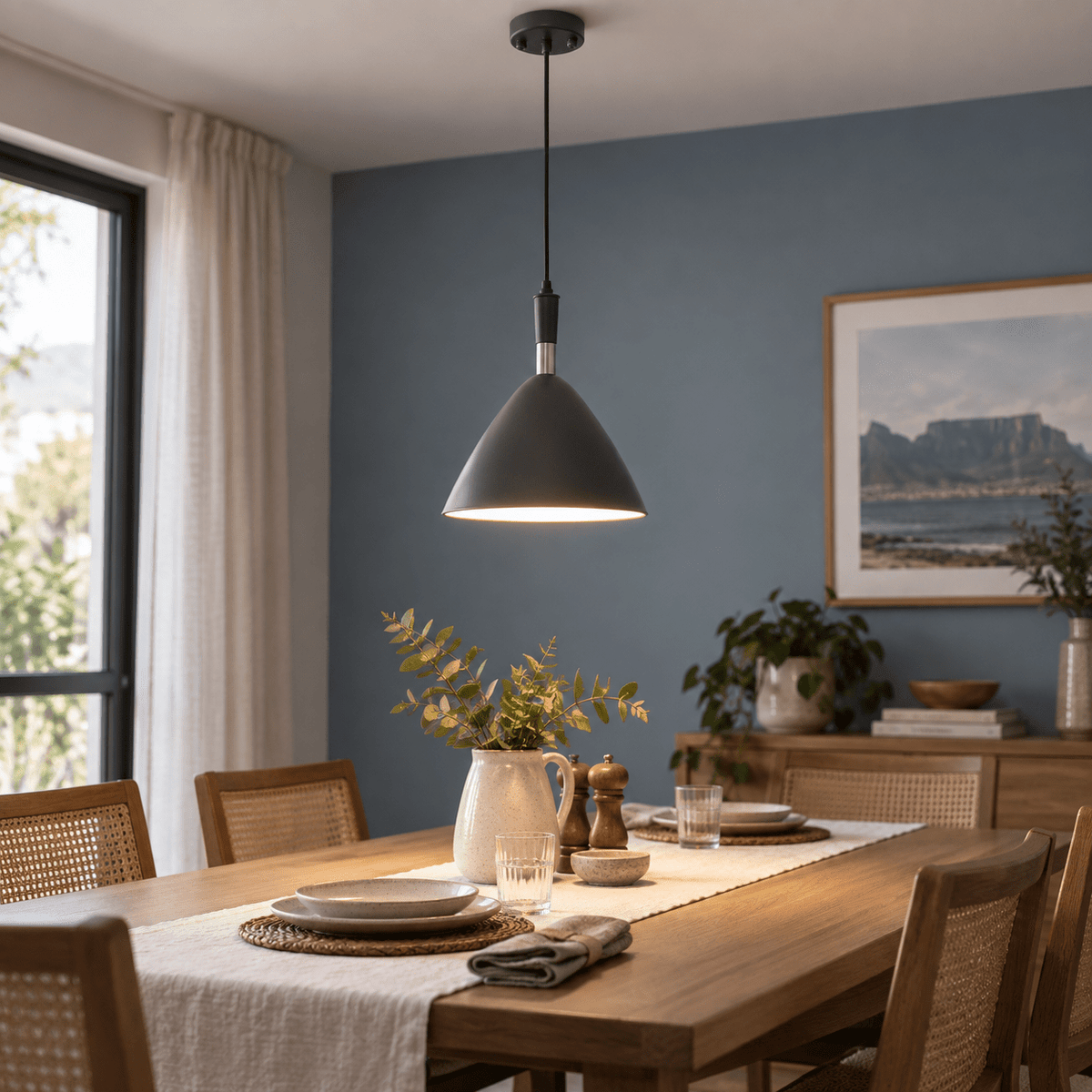 Grace Metal Pendant Light lifestyle scene: Dining room pendant over a linen-covered table