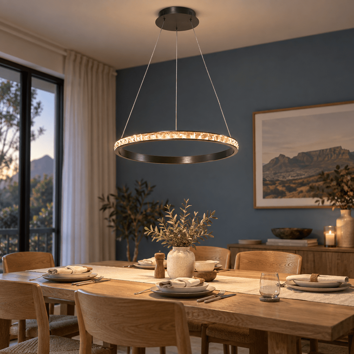 Crystal Pendant Light Emma 76cm 36W LED lifestyle scene: Dining table centrepiece in a muted dining room