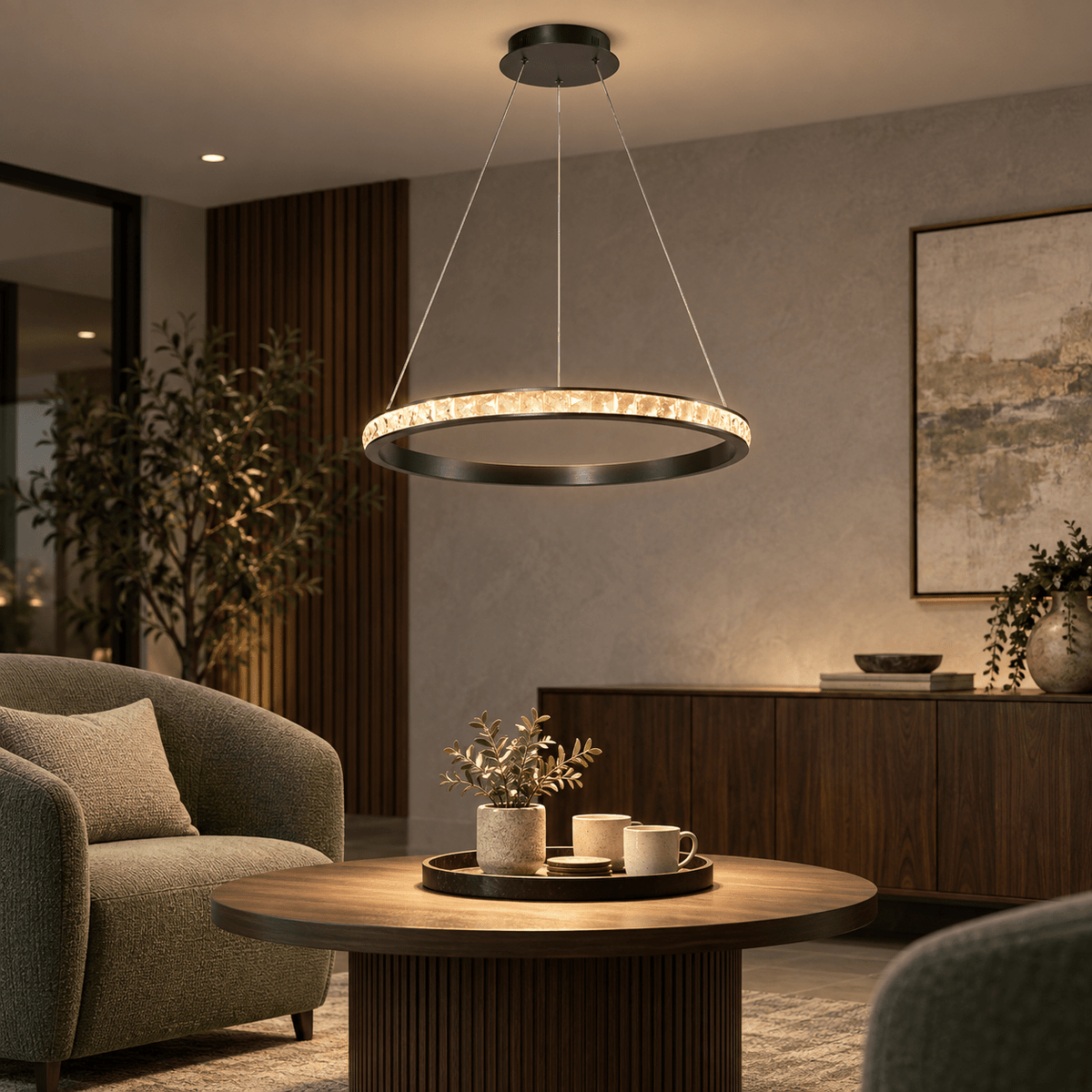 Crystal Pendant Light Emma 76cm 36W LED lifestyle scene: Reception lounge entry over a small seating round