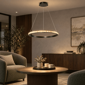 Crystal Pendant Light Emma 76cm 36W LED lifestyle scene: Reception lounge entry over a small seating round