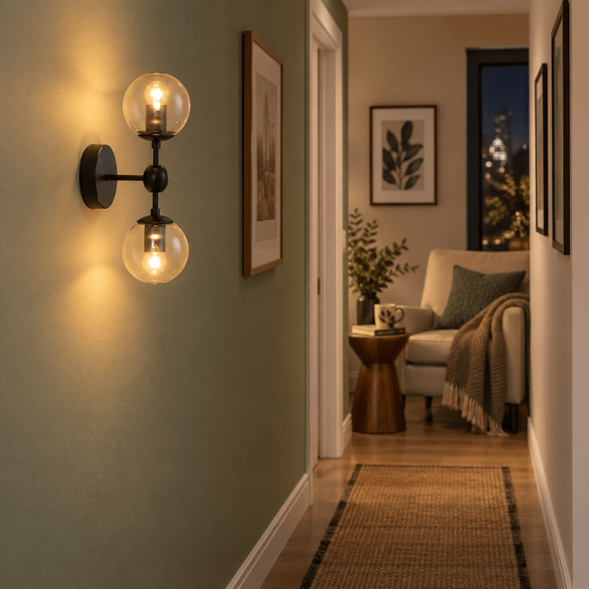 Alastair Art Deco Indoor Wall Light lifestyle scene: Hallway reading nook glow