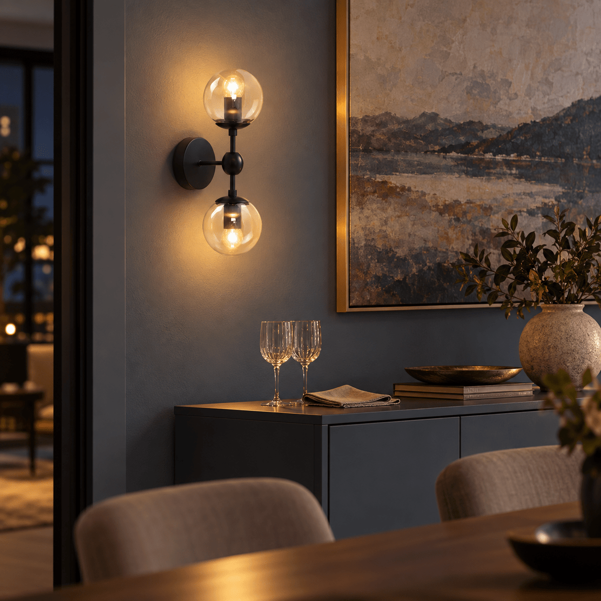 Alastair Art Deco Indoor Wall Light lifestyle scene: Dining sideboard accent after dark