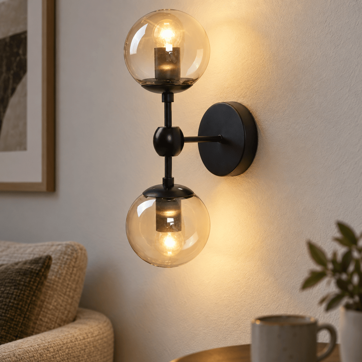 Alastair Art Deco Indoor Wall Light lifestyle scene: Close detail of amber spheres and matt black metal