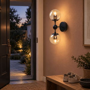Alastair Art Deco Indoor Wall Light lifestyle scene: Entryway welcome glow at dusk