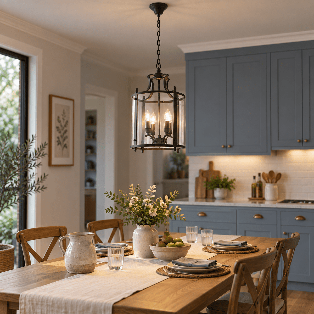 Olivia Pendant Light in Matt Black Metal with Clear Glass lifestyle scene: Dining table feature in a muted modern kitchen