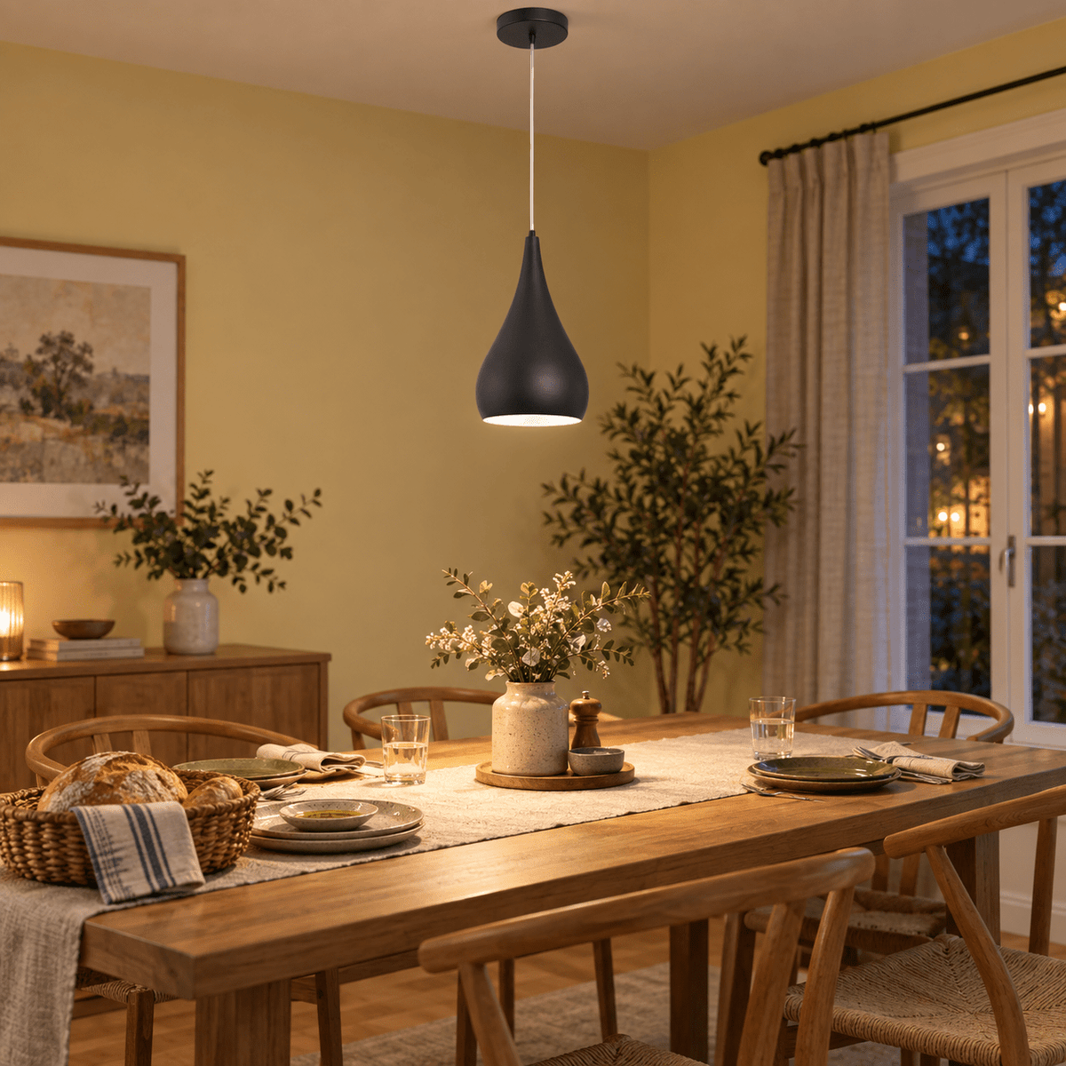 Black Metal Pendant Light Aria lifestyle scene: Dining-table focal pool with black pendant