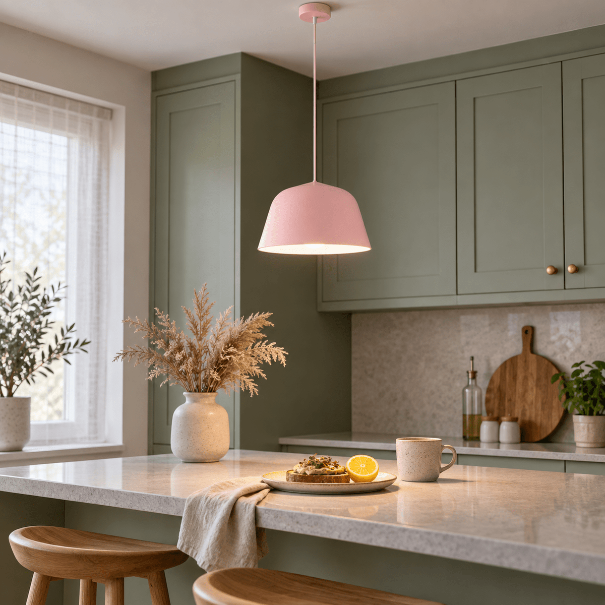Pink Pendant Light Aria lifestyle scene: Kitchen nook above the breakfast counter