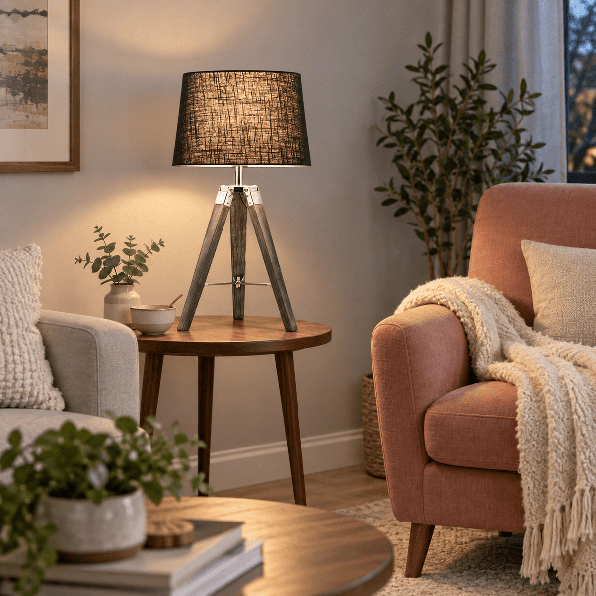 Table Lamp Aroha lifestyle scene: Living room side table with soft conversation light