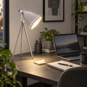 Tri Pod Desk Lamp Aisha lifestyle scene: Home office laptop corner, angled task aim