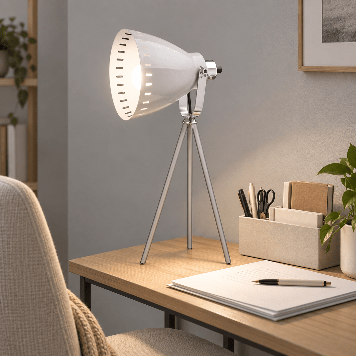 Tri Pod Desk Lamp Aisha lifestyle scene: Quiet study corner with neutral wall and side table