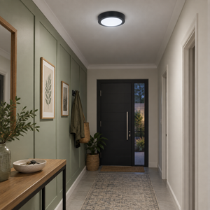 6W LED Ceiling Light Amara lifestyle scene: Entrance hall flush glow on cool-white evening