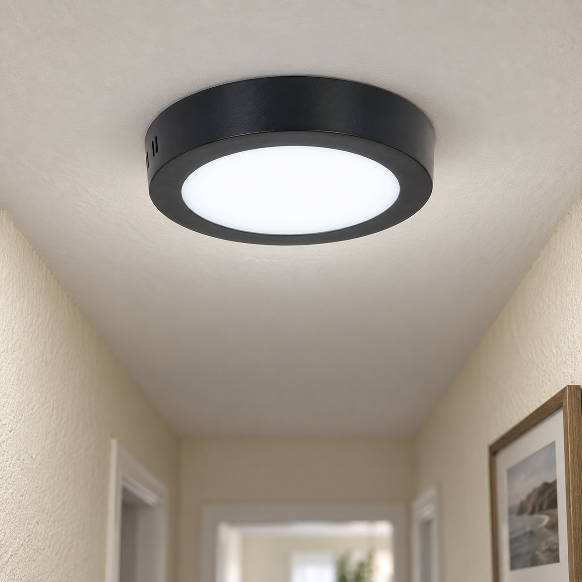 6W LED Ceiling Light Amara lifestyle scene: Ceiling light close-up in a passageway, cool-white steady