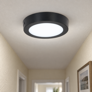 6W LED Ceiling Light Amara lifestyle scene: Ceiling light close-up in a passageway, cool-white steady
