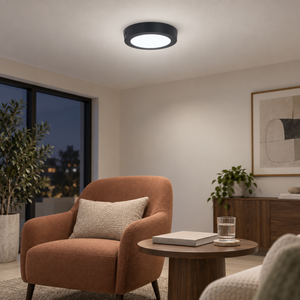 6W LED Ceiling Light Amara lifestyle scene: Open-plan lounge ceiling light by a muted clay side table