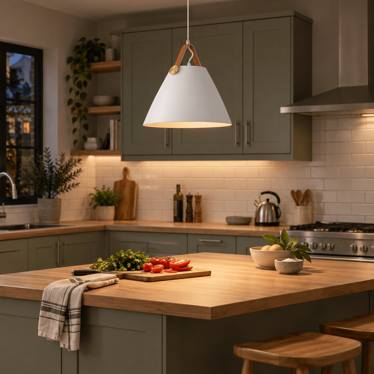 White leather & Iron Pendant Light Ayelen lifestyle scene: Kitchen island pendant with warm task light