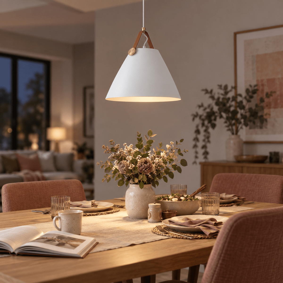 White leather & Iron Pendant Light Ayelen lifestyle scene: Dining table pendant above place settings