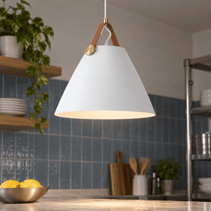 White leather & Iron Pendant Light Ayelen lifestyle scene: Close detail of pendant shade and leather canopy junction