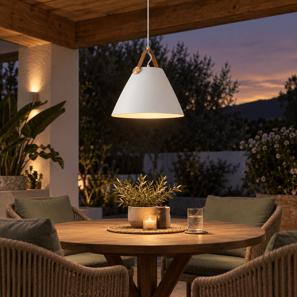 White leather & Iron Pendant Light Ayelen lifestyle scene: Coastal patio dining table with covered overhang pendant