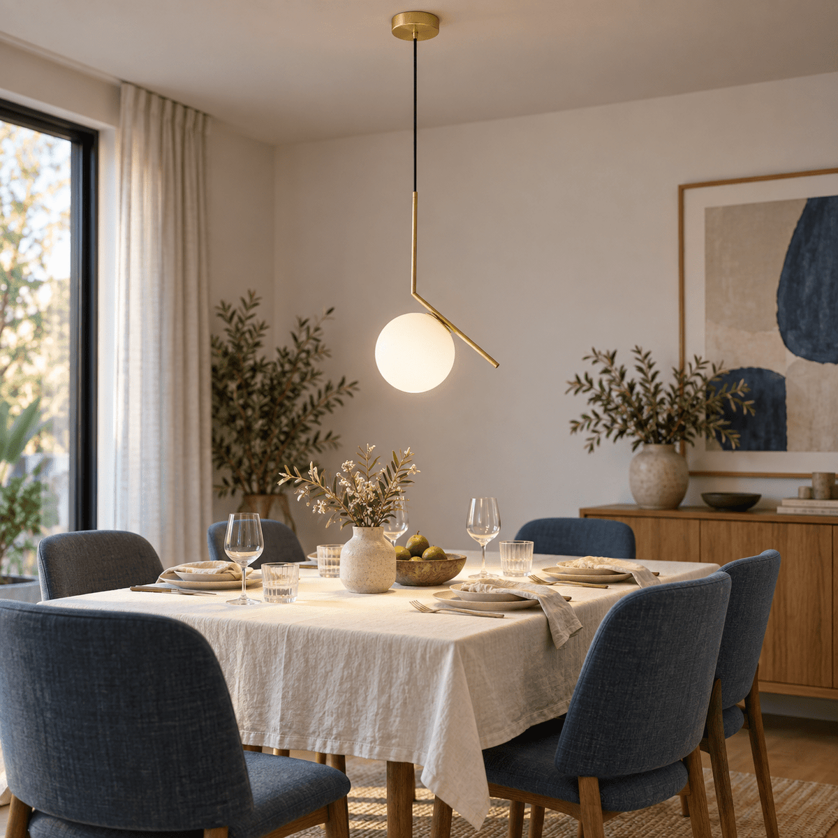 Pendant Light - Satin Gold with Opal White Glass lifestyle scene: Dining room pendant over a linen-set table