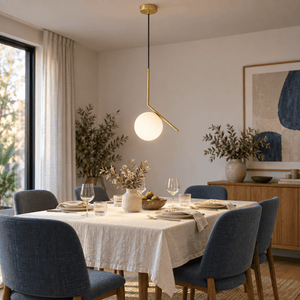 Pendant Light - Satin Gold with Opal White Glass lifestyle scene: Dining room pendant over a linen-set table
