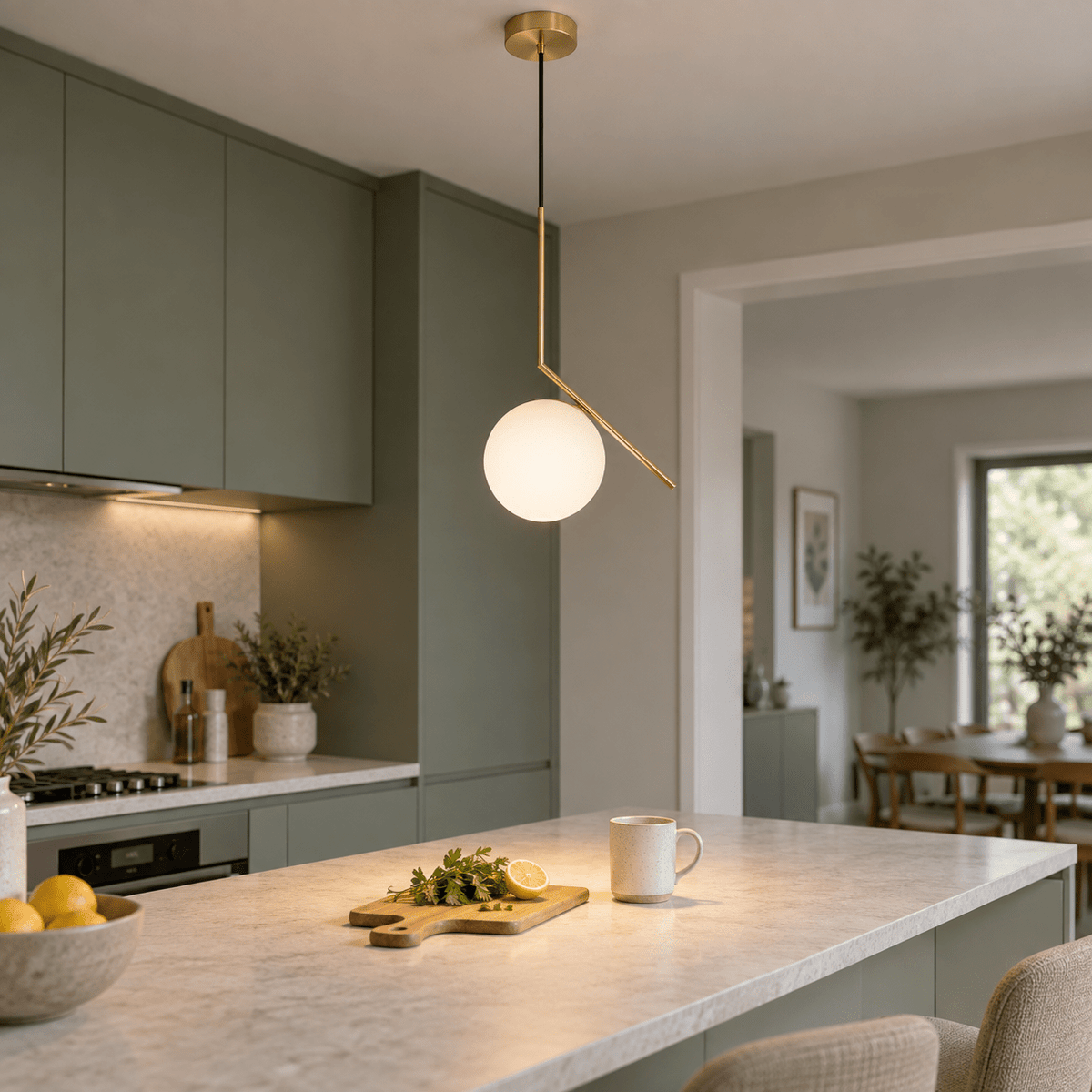 Pendant Light - Satin Gold with Opal White Glass lifestyle scene: Breakfast counter prep in a connected kitchen
