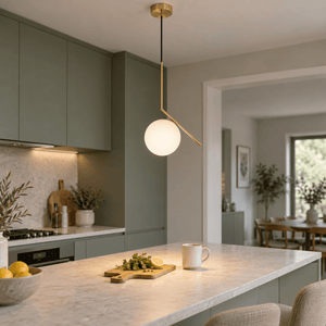 Pendant Light - Satin Gold with Opal White Glass lifestyle scene: Breakfast counter prep in a connected kitchen