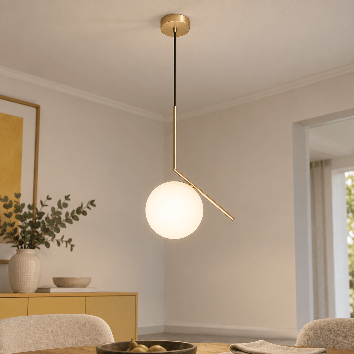 Pendant Light - Satin Gold with Opal White Glass lifestyle scene: Ceiling-detail view showing the canopy and shade profile