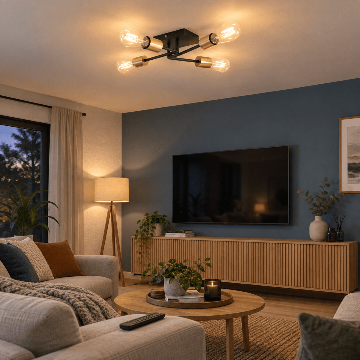 Matt Black 4 Light Traverse Ceiling Fitting lifestyle scene: Living room TV evening, flush traverse light