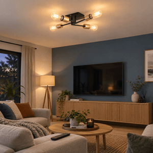 Matt Black 4 Light Traverse Ceiling Fitting lifestyle scene: Living room TV evening, flush traverse light