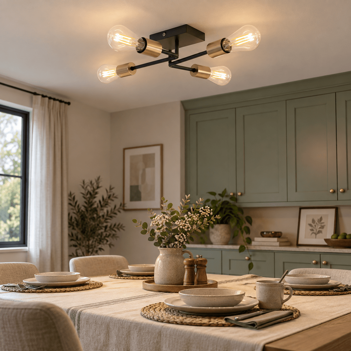 Matt Black 4 Light Traverse Ceiling Fitting lifestyle scene: Dining area with placemat detail, central flush traverse