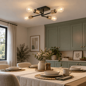 Matt Black 4 Light Traverse Ceiling Fitting lifestyle scene: Dining area with placemat detail, central flush traverse
