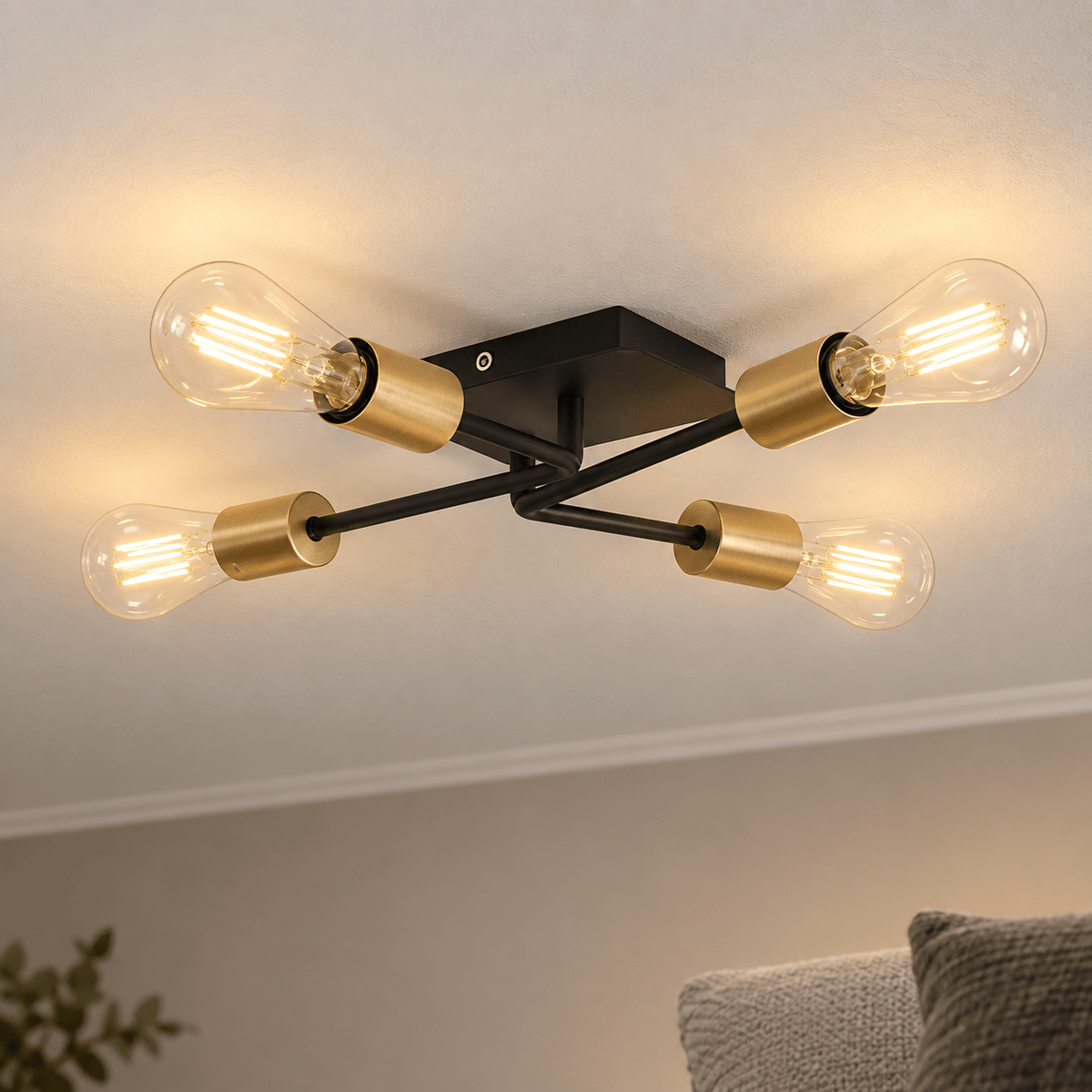 Matt Black 4 Light Traverse Ceiling Fitting lifestyle scene: Ceiling detail close-up, flush traverse construction readable