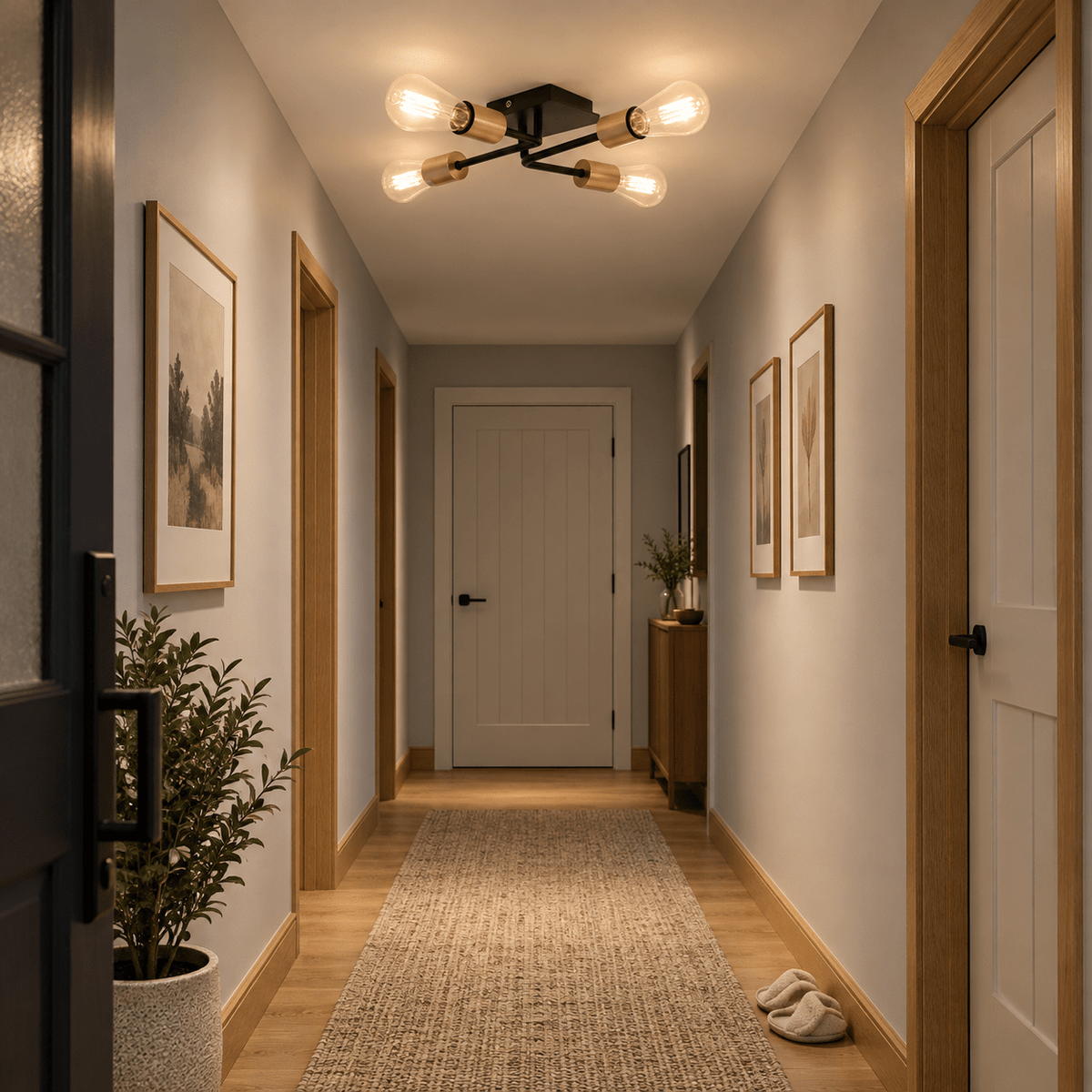 Matt Black 4 Light Traverse Ceiling Fitting lifestyle scene: Hallway evening walk-through, flush traverse centered