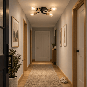 Matt Black 4 Light Traverse Ceiling Fitting lifestyle scene: Hallway evening walk-through, flush traverse centered
