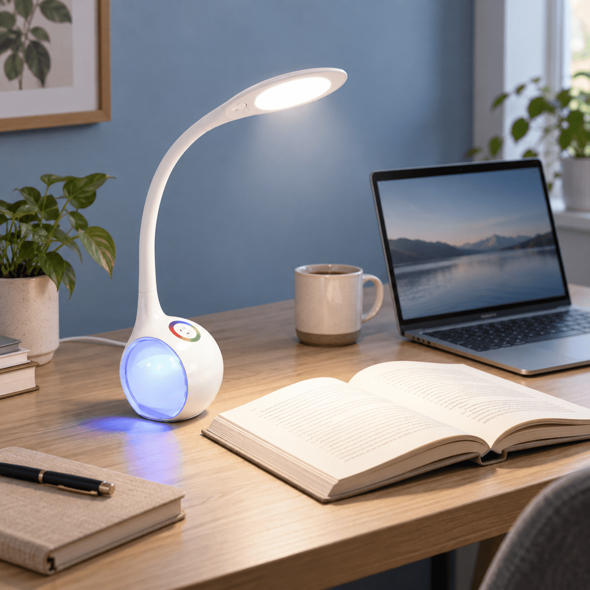 White LED Desk Lamp Dimmable with RGB Colour Changing lifestyle scene: Home office desk, reading task with RGB accents